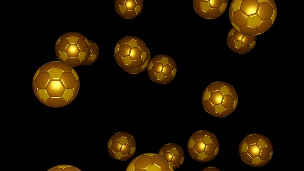 Many,Golden,Football,Balls,Flying,To,Camera,On,Transparent,Background.