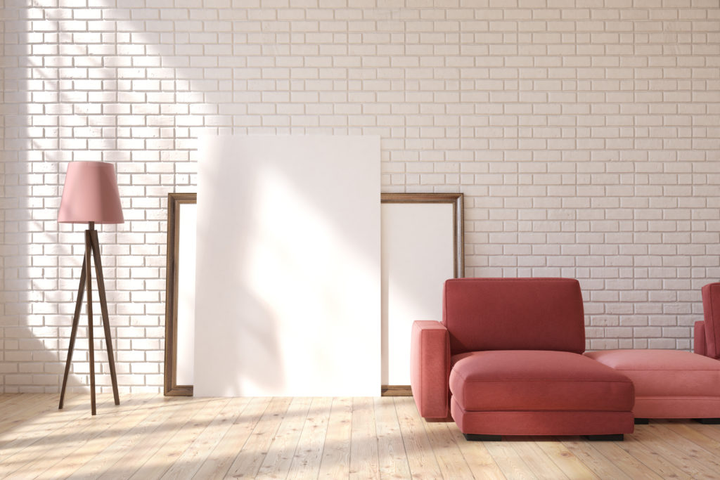 Living,Room,Interior,With,White,Brick,Walls,,A,Red,Sofa