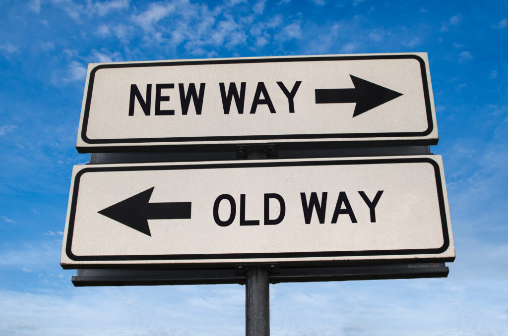 New,Way,Versus,Old,Way,Road,Sign.,White,Two,Street