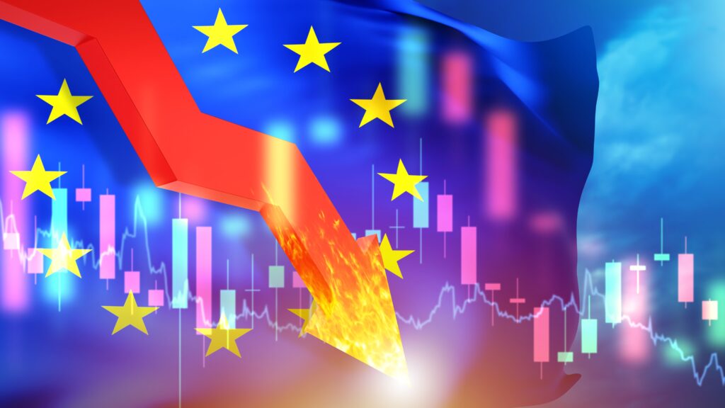 Arrow,Down,Near,Flag,Of,European,Union.,Fall,Of,Economy