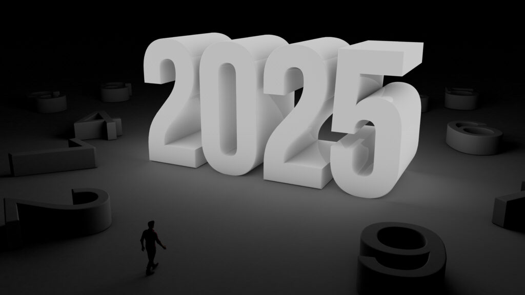 3d,Illustration,Of,Number,2025,With,A,Man,Walking,Towards