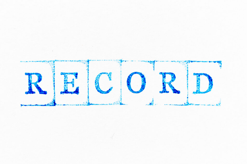 Blue,Color,Ink,Rubber,Stamp,In,Word,Record,On,White