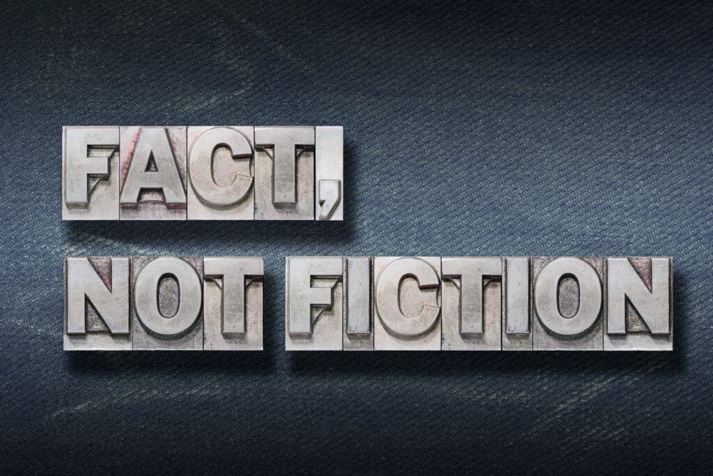 Fact,,Not,Fiction,Phrase,Made,From,Metallic,Letterpress,On,Dark