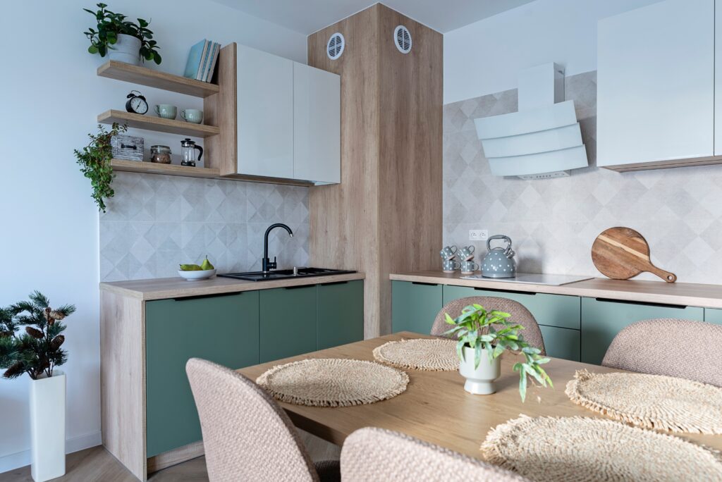 Modern,Kitchen,Interior,With,Dining,Table,And,Chairs.,Green,And Shutterstock